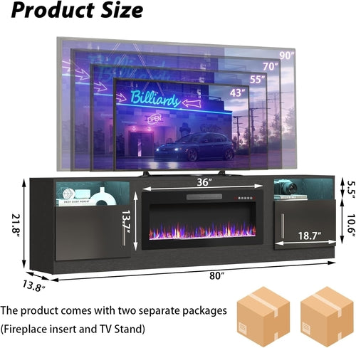 Fireplace TV Stand with 36" Fireplace,80" TV Stand with LED Light for