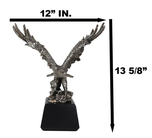 Electroplated Pewter Silver Bald Eagle with Open Wings Landing on Rock Statue