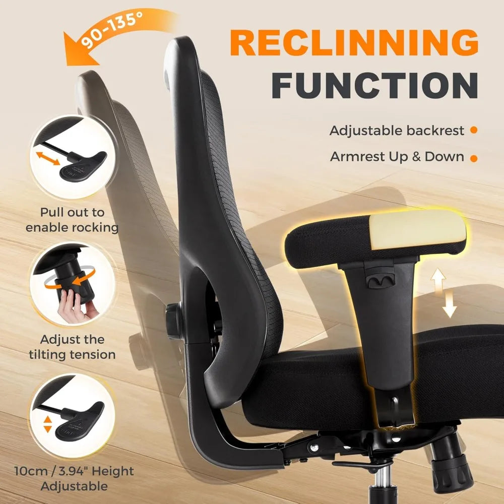 Big and Tall Office Chair 500Lbs, Ergonomic Heavy Duty Mesh Desk Chair, Executive Computer Chairs with Wide Thick Seat, Adjustab