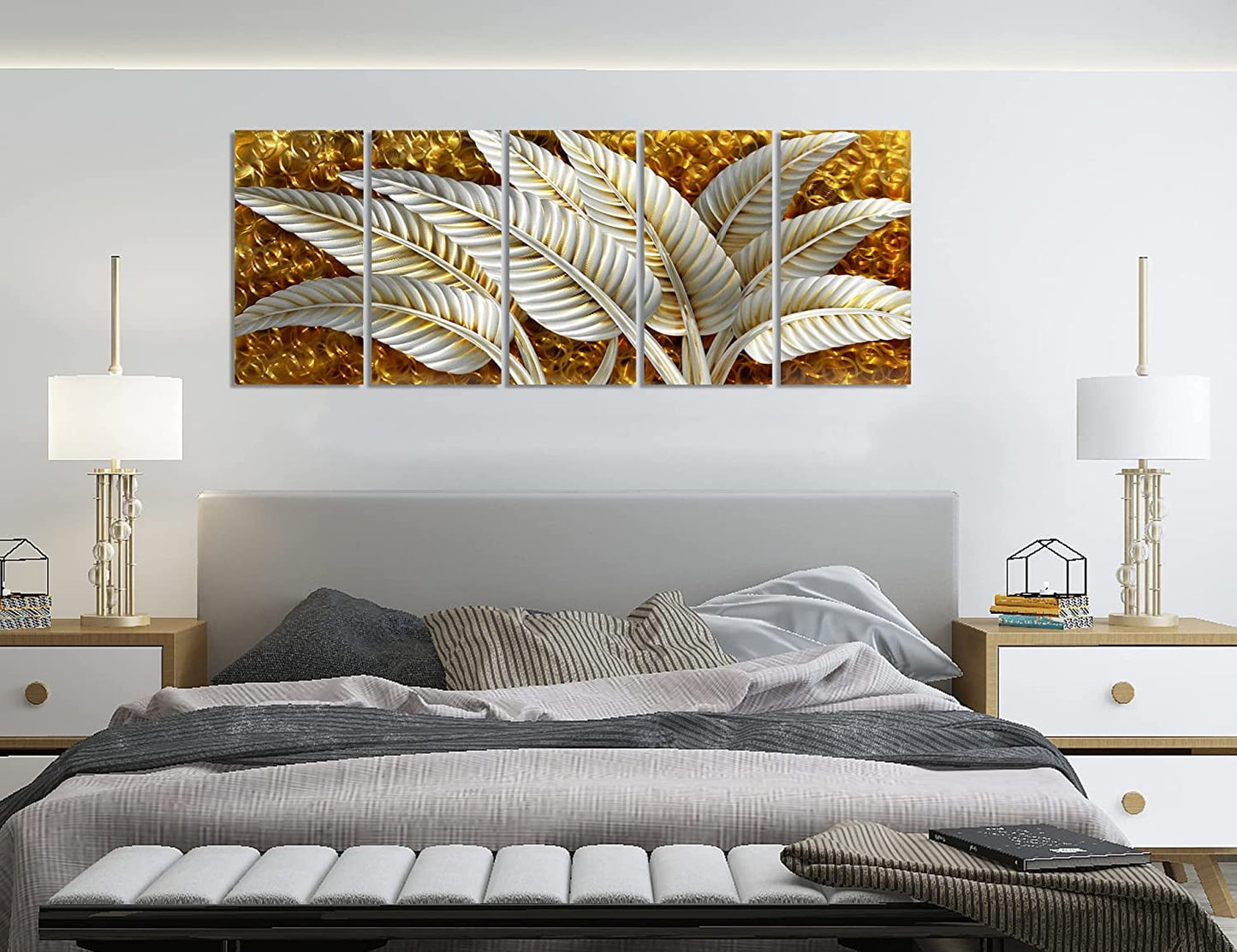 Stunning BATRENDY Silver Banana Leaves Metal Wall Art - Rustic Gold Aluminium 5-Panel Hand Polished Sculpture for Living Room and Bedroom Decor