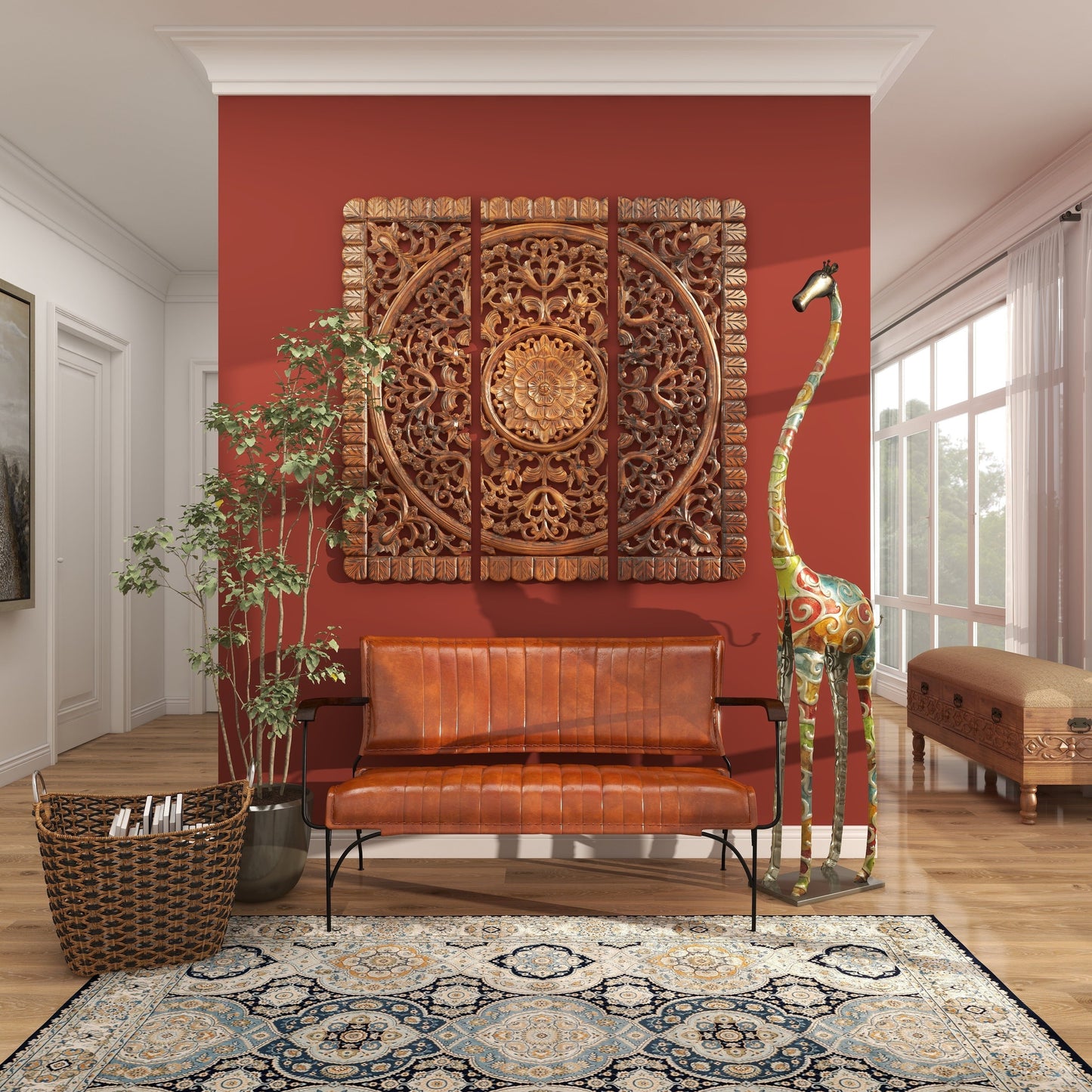 Extra Large and Colorful Floor Giraffe Sculpture, Molded from Iron with Grey Metal Finish, 17"W X 3"L X 73"H