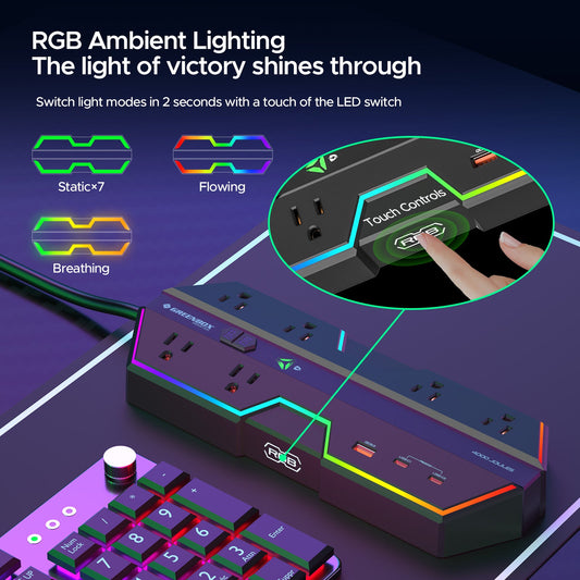 Gaming Power Strip, 6 AC Outlets, 4000J Surge Protector, PD 20W Fast Charging (2 USB-C, 1 USB-A), Wide-Spaced Outlet with RGB Lights for PC, e-Sports & Home Office