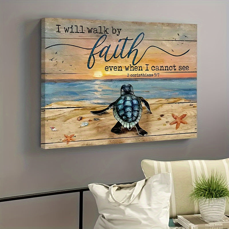 1pc Landscape Canvas Painting, Sea Turtle Painting, Sand Beach Poster, Gift For Christian, I Will Walk By Faith, Landscape Canvas Prints Wall Art, Home Decor