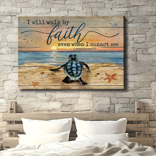 1pc Landscape Canvas Painting, Sea Turtle Painting, Sand Beach Poster, Gift For Christian, I Will Walk By Faith, Landscape Canvas Prints Wall Art, Home Decor