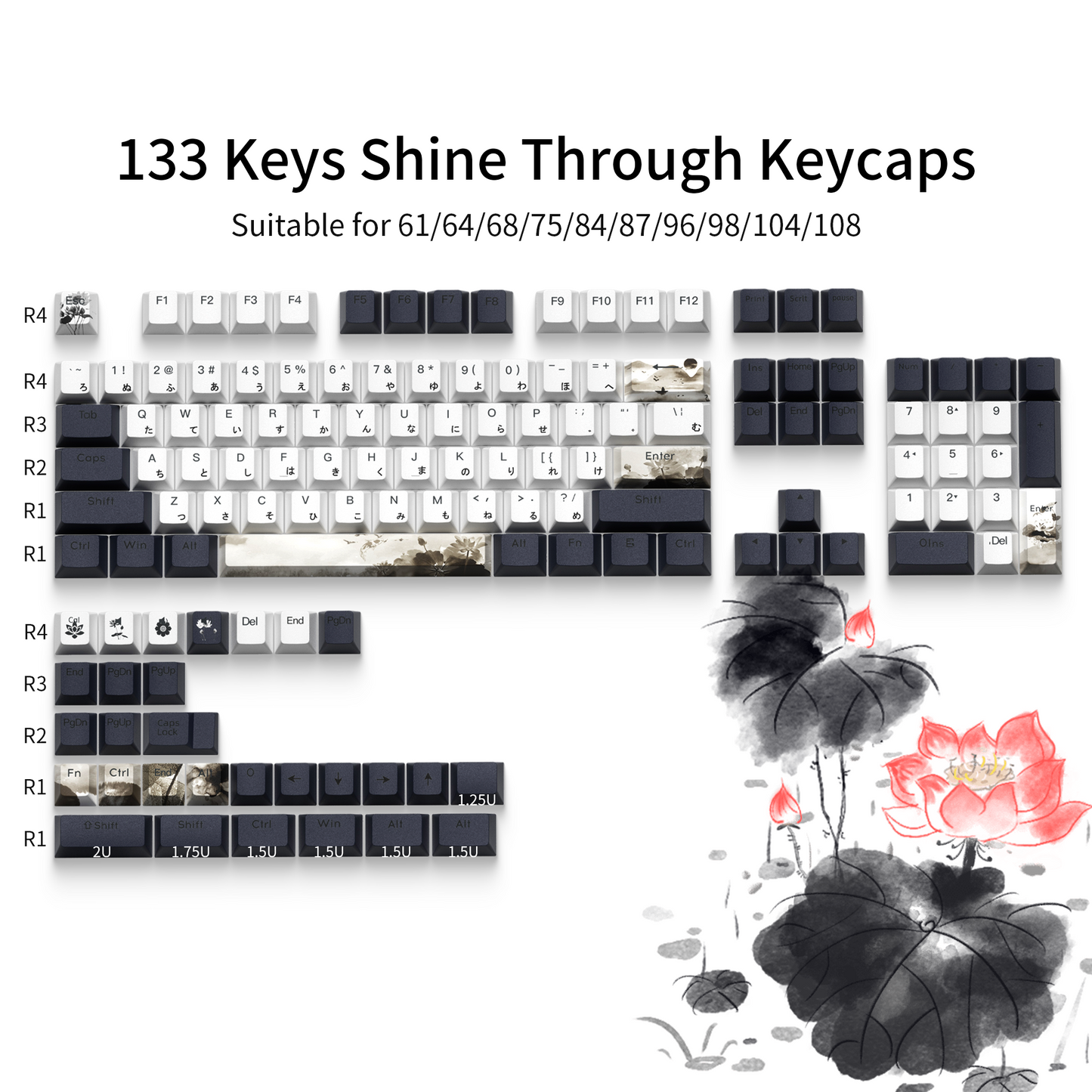 XVX Lotus Cherry Profile Shine Through Double shot 5-sided Dye-Sub PBT Keycap Set (133-Key)