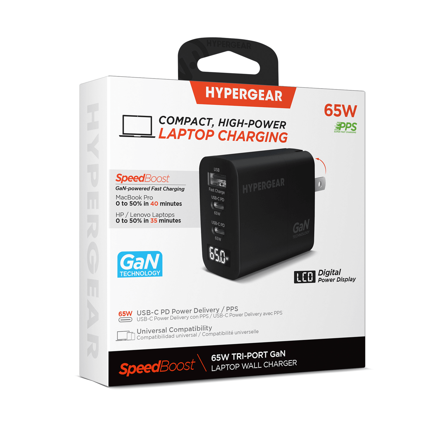 HyperGear SpeedBoost 65W USB-C PD Tri-Port GaN Laptop Charger with PPS and Digital Display
