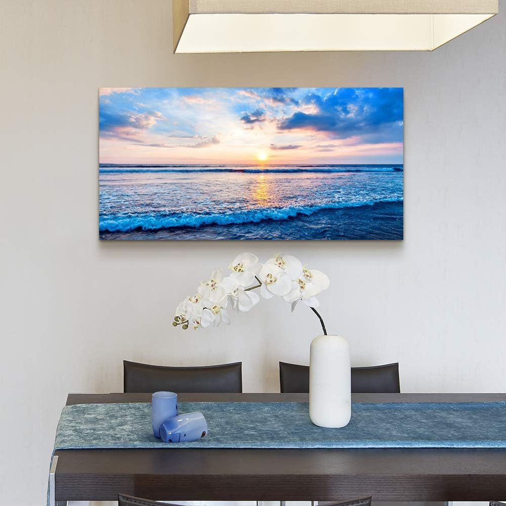 Stunning Blue Beach Canvas Wall Art - Ocean Waves Landscape Decor for Home and Bedroom - Ready to Hang Inspirational Prints