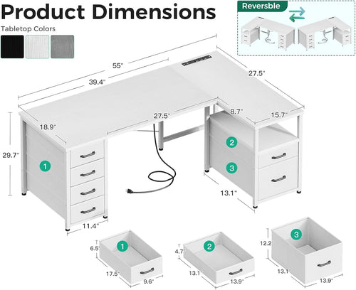 L Shaped Computer Desk with 6 Drawers & Power Outlet, 55 Inch Corner