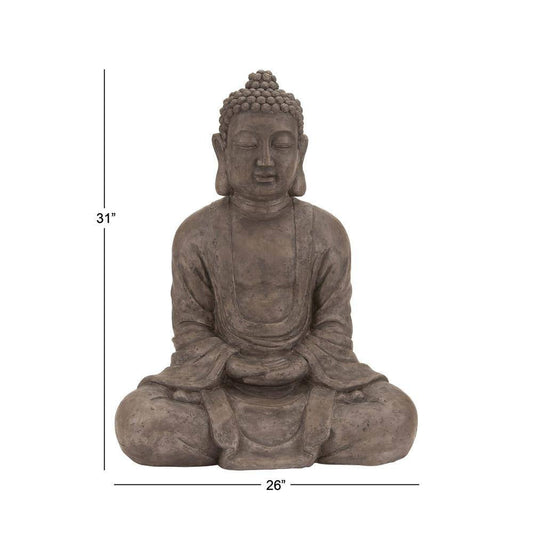 Brown Polystone Meditating Buddha Sculpture with Engraved Carvings and Relief Detailing