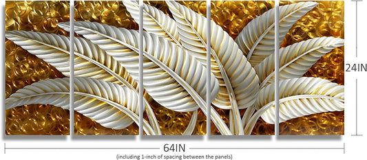 Stunning BATRENDY Silver Banana Leaves Metal Wall Art - Rustic Gold Aluminium 5-Panel Hand Polished Sculpture for Living Room and Bedroom Decor