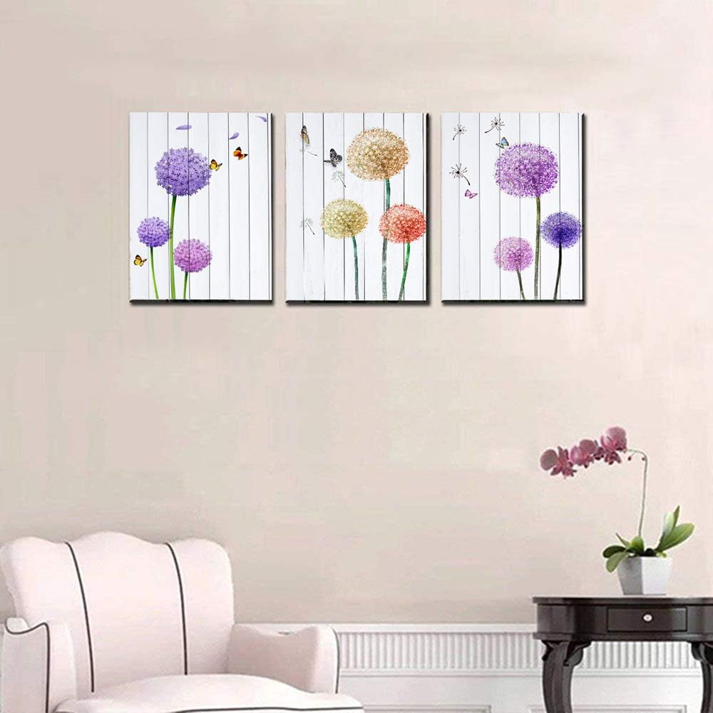 Stunning Dandelion & Butterfly Purple Flowers Canvas Wall Art - 3 Panel Set for Elegant Home Décor, 12x16 Inch Each, Perfect for Living Room and Bedroom