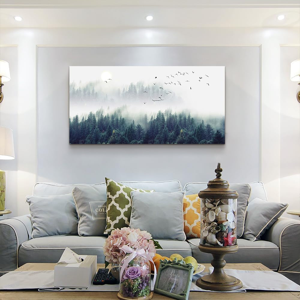 Misty Forests Canvas Wall Art - Enchanting Evergreen Landscape Decor for Living Room & Bedroom - Ready to Hang Framed Modern Home Accent