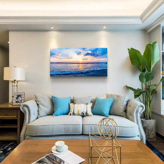 Serene Blue Beach Canvas Wall Art - Ocean Waves Landscape Decor for Living Room, Bedroom, Kitchen & Bathroom - Ready to Hang Inspirational Artwork