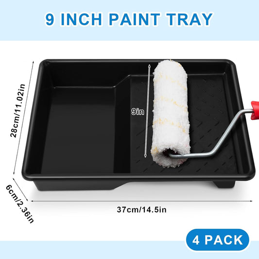 Barydat 4 Pcs 9 Inch Paint Plastic Tray with Deep Pockets and Textured Ridge Heavy Duty Paint Roller Tray with Sturdy Legs Home Improvement Supplies for 9 Inch Roller Brushes, Black