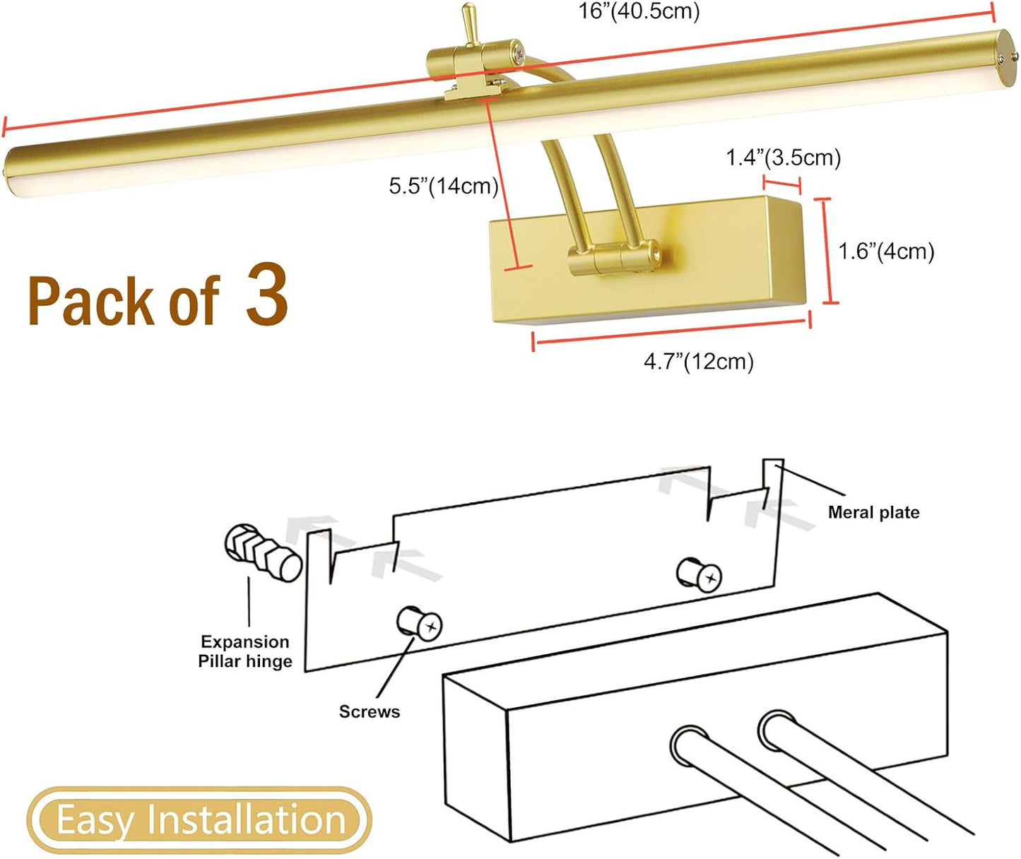 3 Pack Picture Light Battery Operated for Wall, 16" Wireless Display Art Lighting for Painting with Remote, Dimmable 5200mAh Library Light, Gold Picture Frame Lights for Gallery