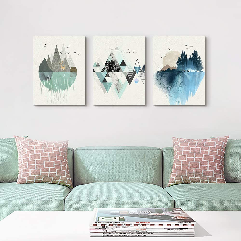 Stunning 3-Piece Abstract Mountain Geometry Canvas Wall Art Set - Perfect for Living Room, Office, Bedroom, and Bathroom Décor - 12x16 Inch Panels