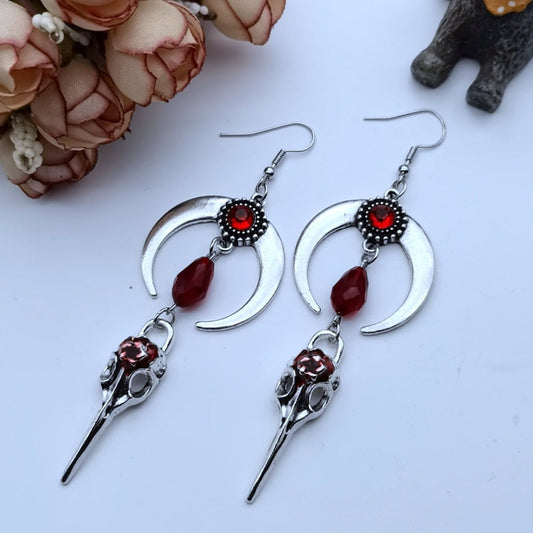 Red Gem Raven Skull Moon Earrings