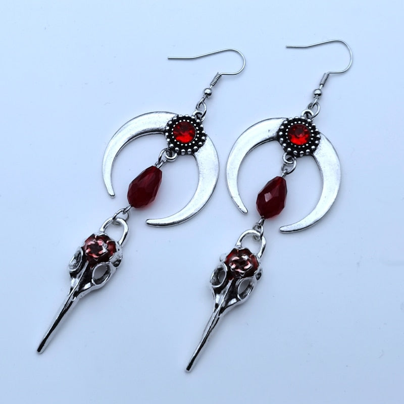 Red Gem Raven Skull Moon Earrings