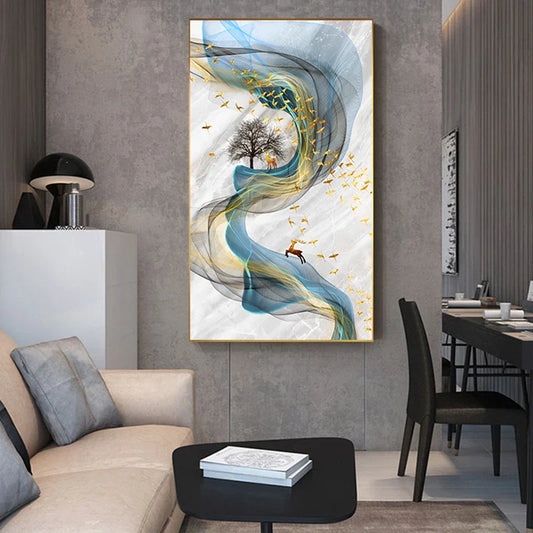 Abstract Golden Deer Paintings Wall Pictures Modern Canvas Painting Blue Poster Print Wall Art For Living Room Bedroom Nordic