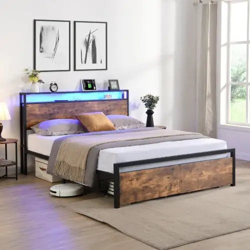 Full-Size LED Bed with Charging Hub and Drawers