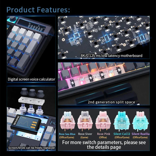 Wireless Mechanical Keyboard with 3.0 Screen 3 Knobs Hot-Swappable Silent Switch PBT keycaps