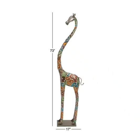 Multi Colored Metal Indoor Outdoor Tall Giraffe Sculpture with Detailed Embossed Scrollwork