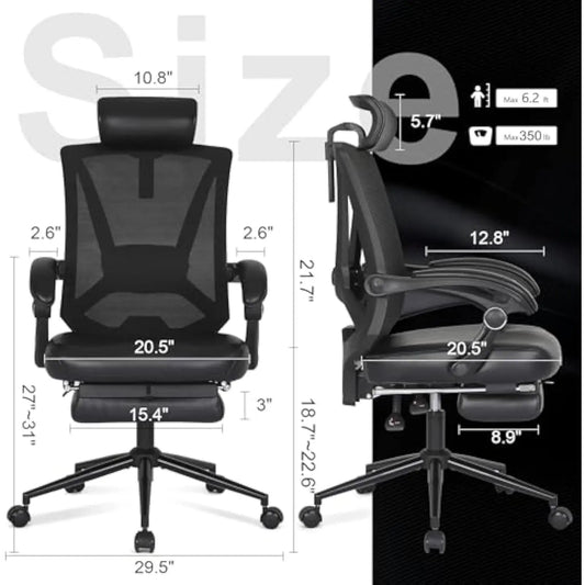 Ergonomic Office Chair with Footrest, Ergonomic Desk Chair with Adjustable 2D Lumbar Support, High Back Computer Chair with Ad