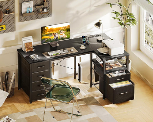 L Shaped Computer Desk with 6 Drawers & Power Outlet, 55 Inch Corner