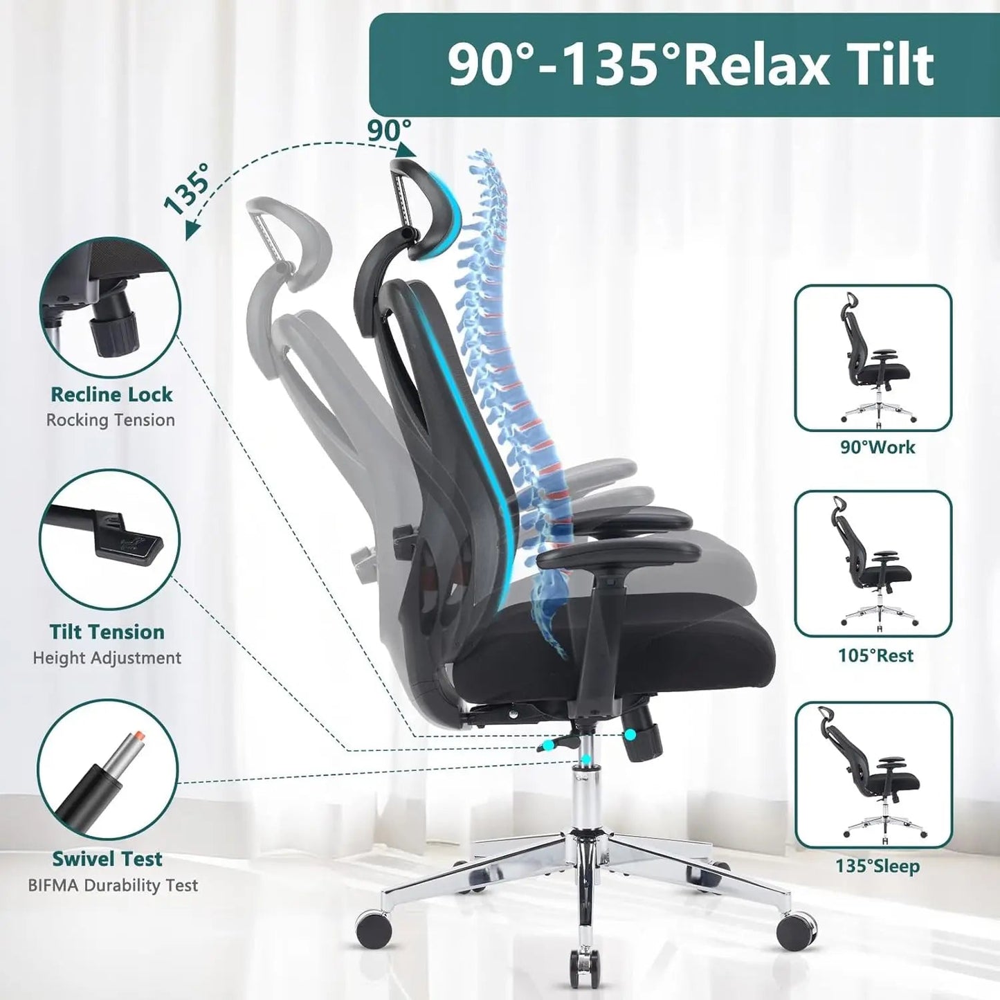 Home Office Desk Chair, Ergonomic Rolling Work Swivel High Ba 135°Tilt Function Big and Tall Computer with Wheels, 2D Armrest