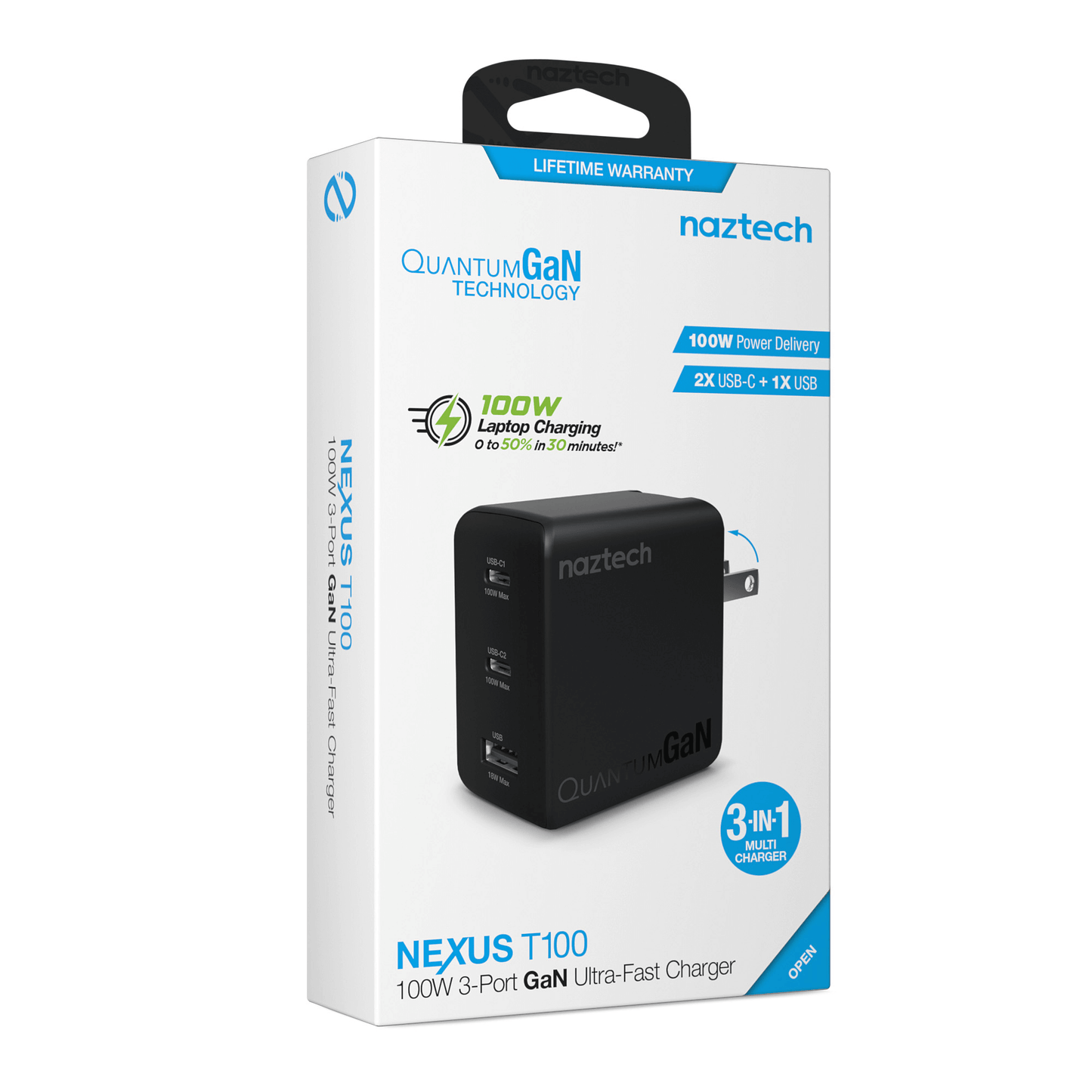 Naztech Nexus T100 100W USB-C PD + USB 3-Port GaN Ultra-Fast Wall Charger with PPS