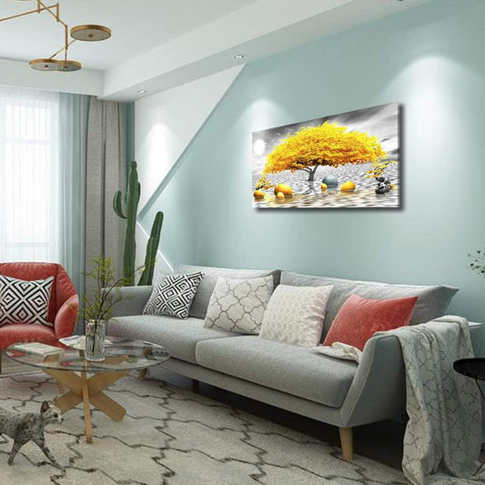 Stunning Abstract Black and White Canvas Art with Vibrant Yellow Tree - Perfect Wall Decor for Living Room, Bedroom, and Office