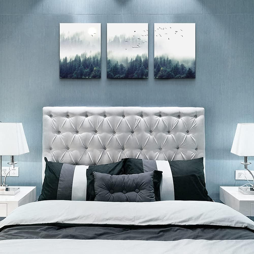 Enchanting Foggy Forest 3-Piece Canvas Wall Art Set - Stretched & Framed Landscape Decor for Living Room, Bedroom, or Office - Ready to Hang 12"x16" Panels