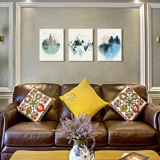 Stunning 3-Piece Abstract Mountain Geometry Canvas Wall Art Set - Perfect for Living Room, Office, Bedroom, and Bathroom Décor - 12x16 Inch Panels