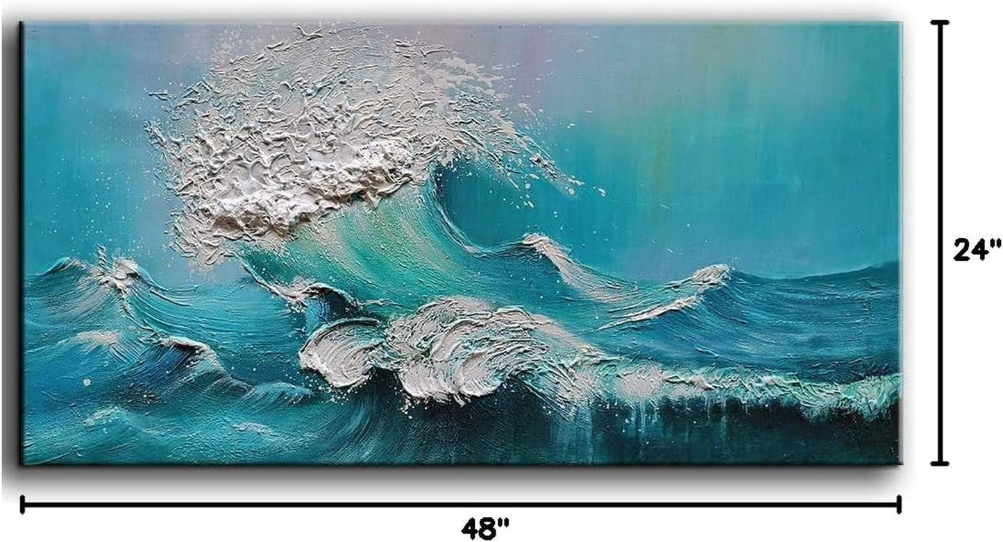 Stunning 24x48 Inch Hand-Painted Abstract Blue Ocean Oil Painting - Modern Canvas Wall Art for Luxurious Home Decor