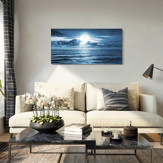 Stunning Blue Sea Moon Landscape Canvas Wall Art - Large Ready-to-Hang Modern Decor for Living Room (20x40 Inch)