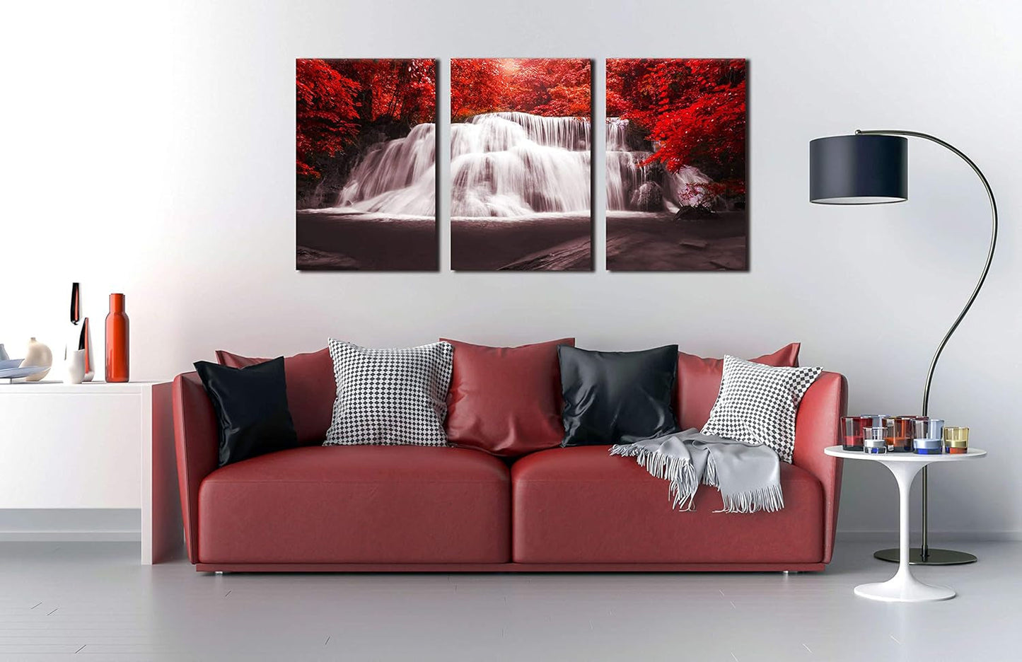 Stunning Black, White & Red Waterfall Canvas Wall Art - 3 Piece Set of Red Trees Forest Prints for Living Room & Office Decor - 16x24 Inch Each