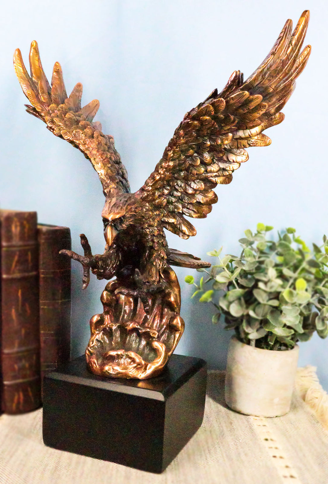 Electroplated Bronze Resin Bald Eagle with Open Wings Swooping over Water Statue