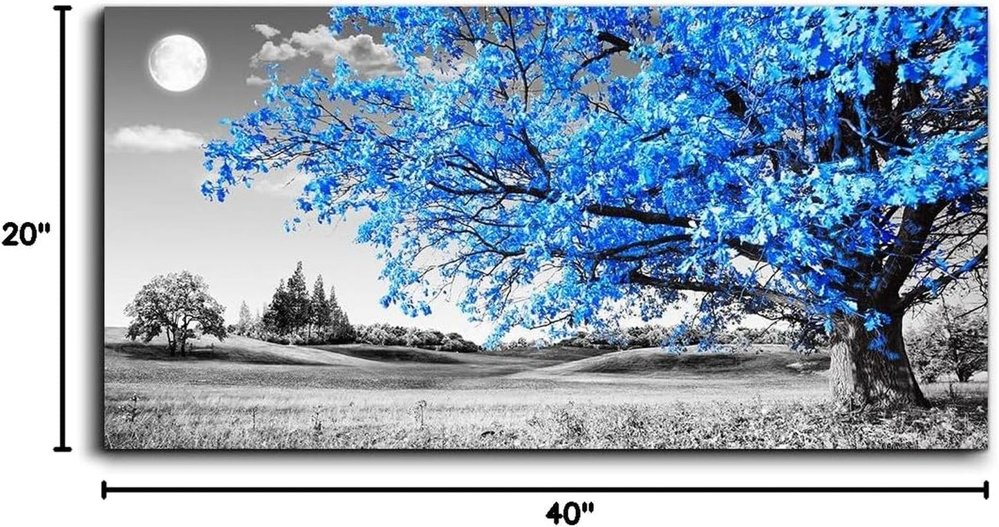 Elegant Blue Moon Tree Landscape Canvas Art – Abstract 20" X 40" Ready to Hang for Living Room and Office Decor