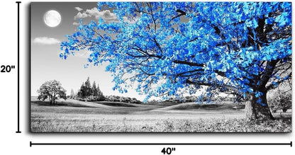 Elegant Blue Moon Tree Landscape Canvas Art – Abstract 20" X 40" Ready to Hang for Living Room and Office Decor