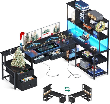 79 Inch L Shaped Desk with File Drawers, Reversible L Shaped Gaming