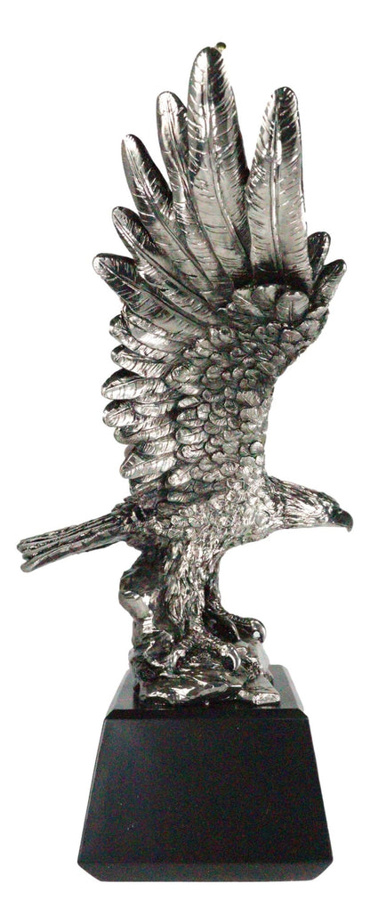 Electroplated Pewter Silver Bald Eagle with Open Wings Landing on Rock Statue