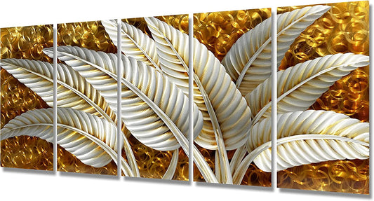 Stunning BATRENDY Silver Banana Leaves Metal Wall Art - Rustic Gold Aluminium 5-Panel Hand Polished Sculpture for Living Room and Bedroom Decor
