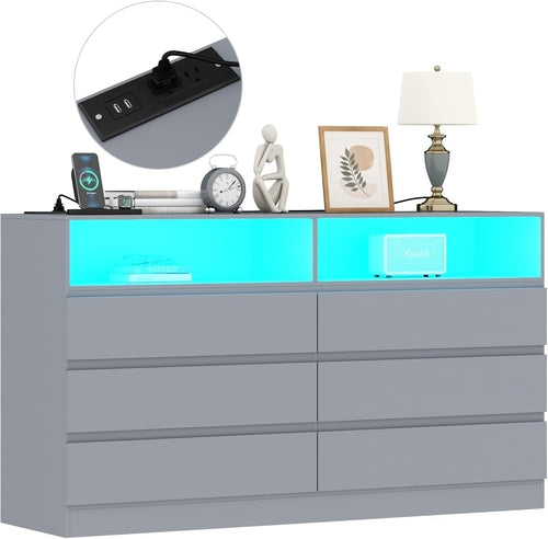 6-Drawer LED Dresser, Charging Station, Bedroom/Living Room