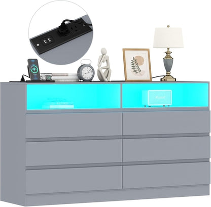 6-Drawer LED Dresser, Charging Station, Bedroom/Living Room