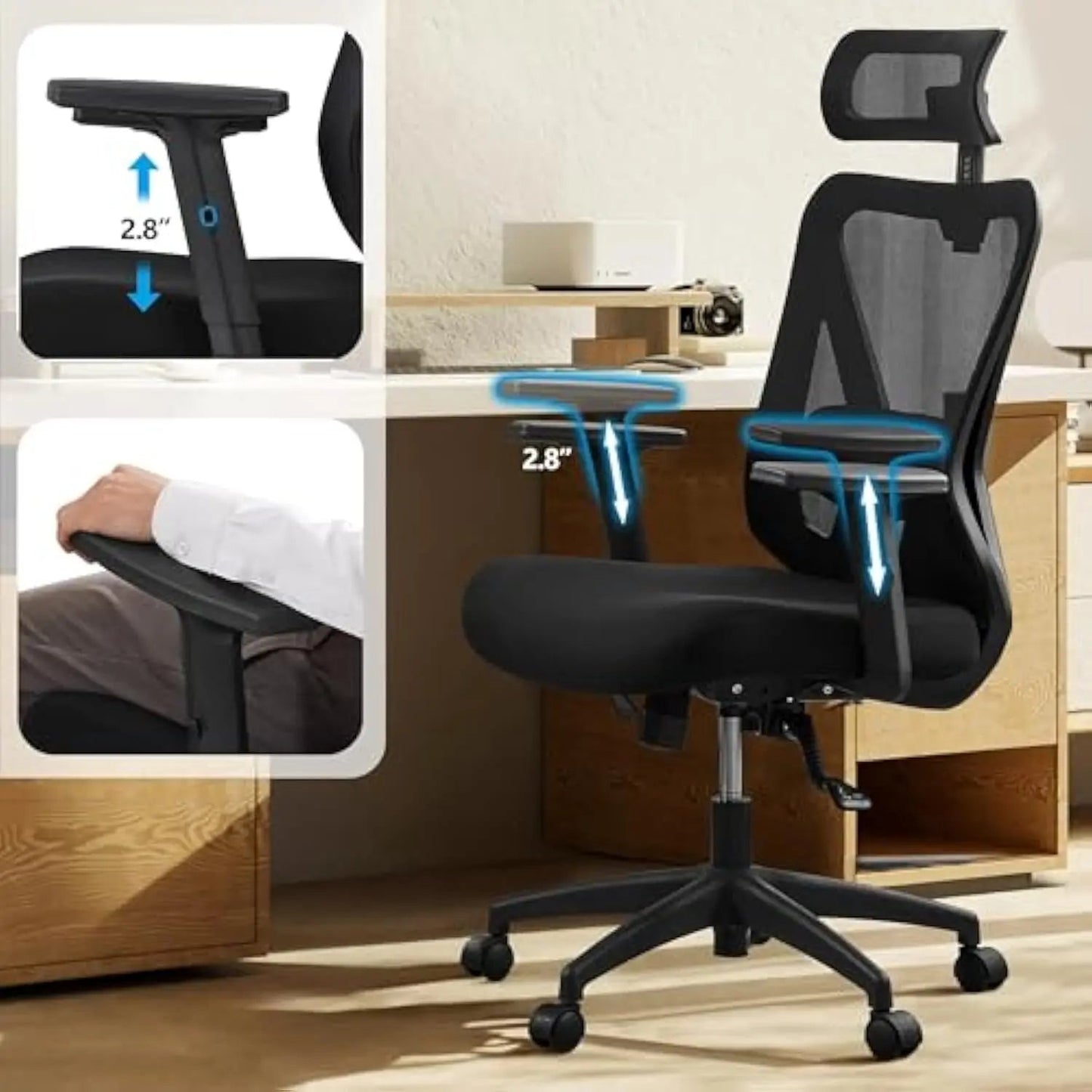 Ergonomic Office Chair High Back Mesh Computer Chair with Adjustable Headrest and Lumbar Support and 2D Armrest for Home Offic