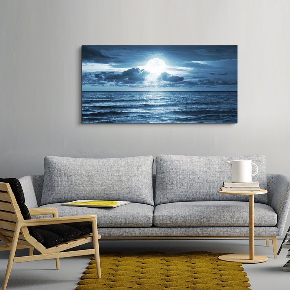 Stunning Blue Sea Moon Landscape Canvas Wall Art - Large Ready-to-Hang Modern Decor for Living Room (20x40 Inch)