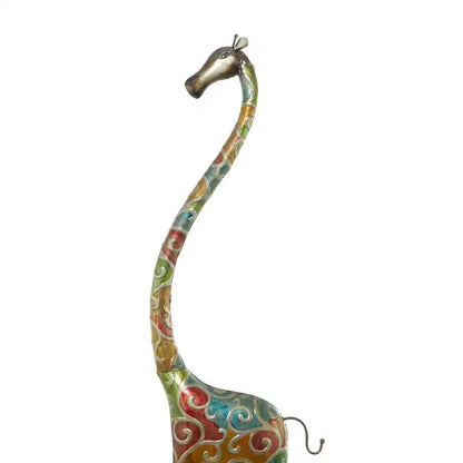 Multi Colored Metal Indoor Outdoor Tall Giraffe Sculpture with Detailed Embossed Scrollwork