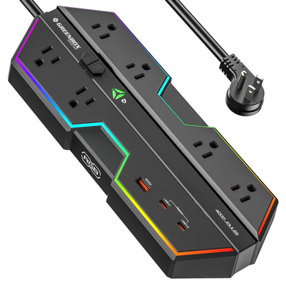 Gaming Power Strip, 6 AC Outlets, 4000J Surge Protector, PD 20W Fast Charging (2 USB-C, 1 USB-A), Wide-Spaced Outlet with RGB Lights for PC, e-Sports & Home Office