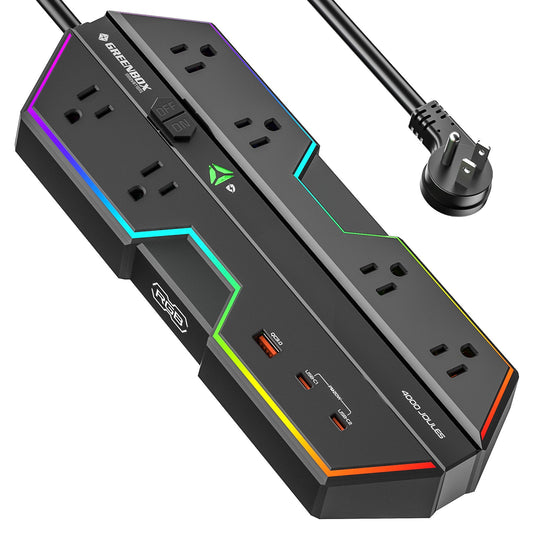 Gaming Power Strip, 6 AC Outlets, 4000J Surge Protector, PD 20W Fast Charging (2 USB-C, 1 USB-A), Wide-Spaced Outlet with RGB Lights for PC, e-Sports & Home Office