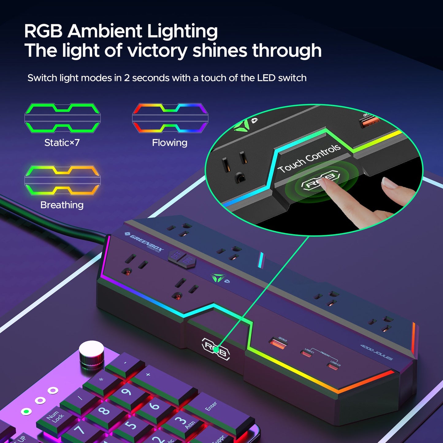 Gaming Power Strip, 6 AC Outlets, 4000J Surge Protector, PD 20W Fast Charging (2 USB-C, 1 USB-A), Wide-Spaced Outlet with RGB Lights for PC, e-Sports & Home Office